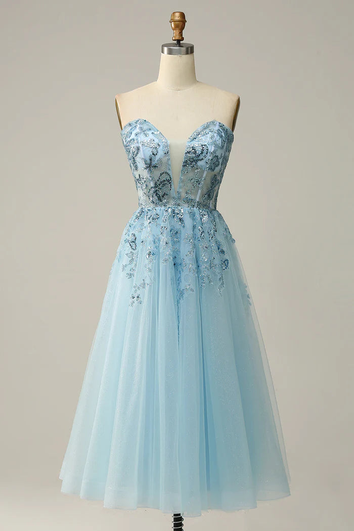 Weitese Dress Sky Blue Sweetheart Slit Corset Tulle Homecoming Dress A-line Sparkle & Shine Prom Dress