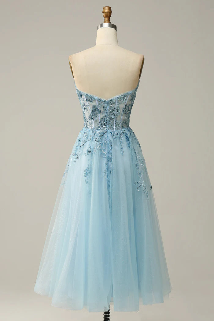 Weitese Dress Sky Blue Sweetheart Slit Corset Tulle Homecoming Dress A-line Sparkle & Shine Prom Dress