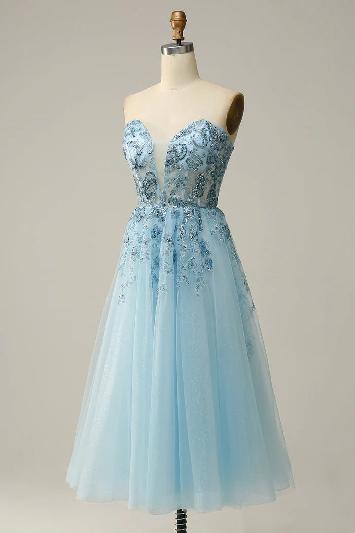 Robe Weitese bleu ciel décolleté en cœur fendue corset tulle robe de bal trapèze scintillante et brillante 