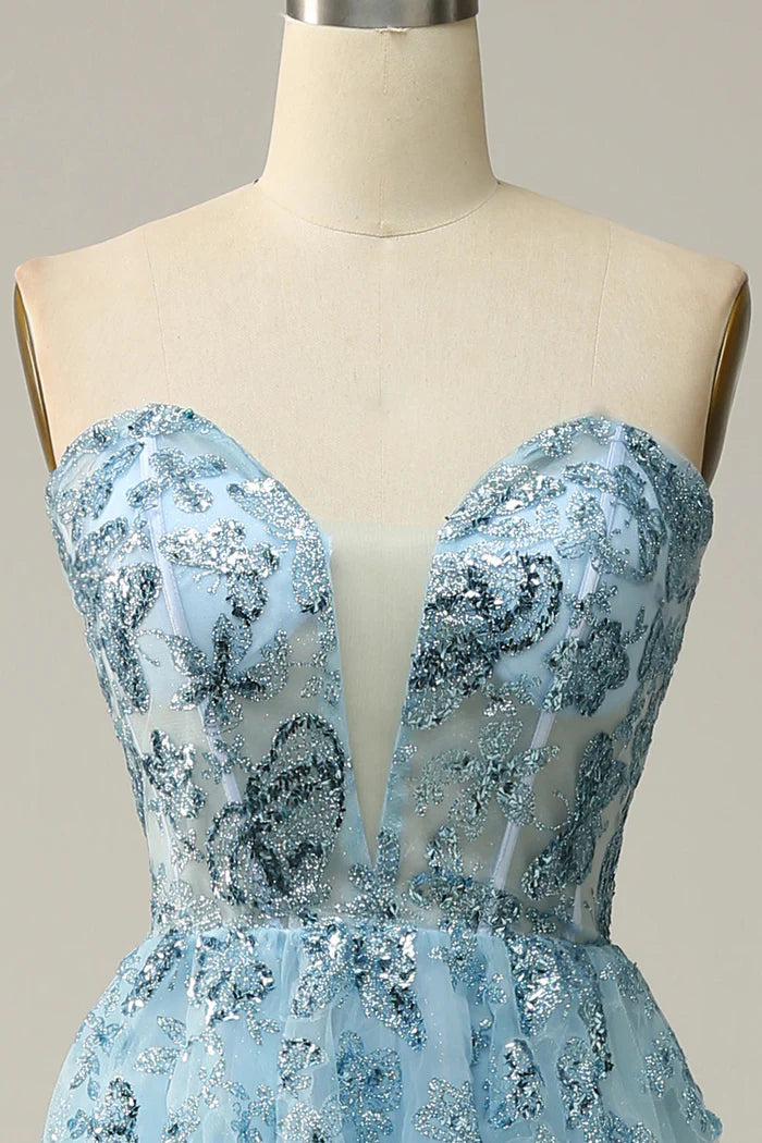 Robe Weitese bleu ciel décolleté en cœur fendue corset tulle robe de bal trapèze scintillante et brillante 