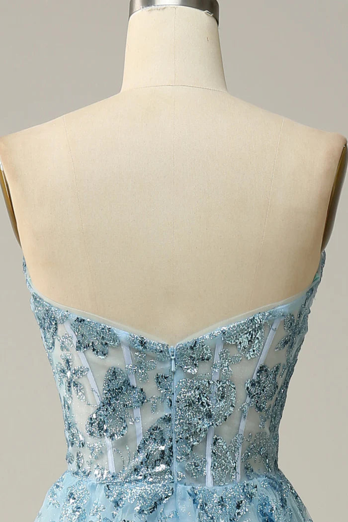 Robe Weitese bleu ciel décolleté en cœur fendue corset tulle robe de bal trapèze scintillante et brillante 