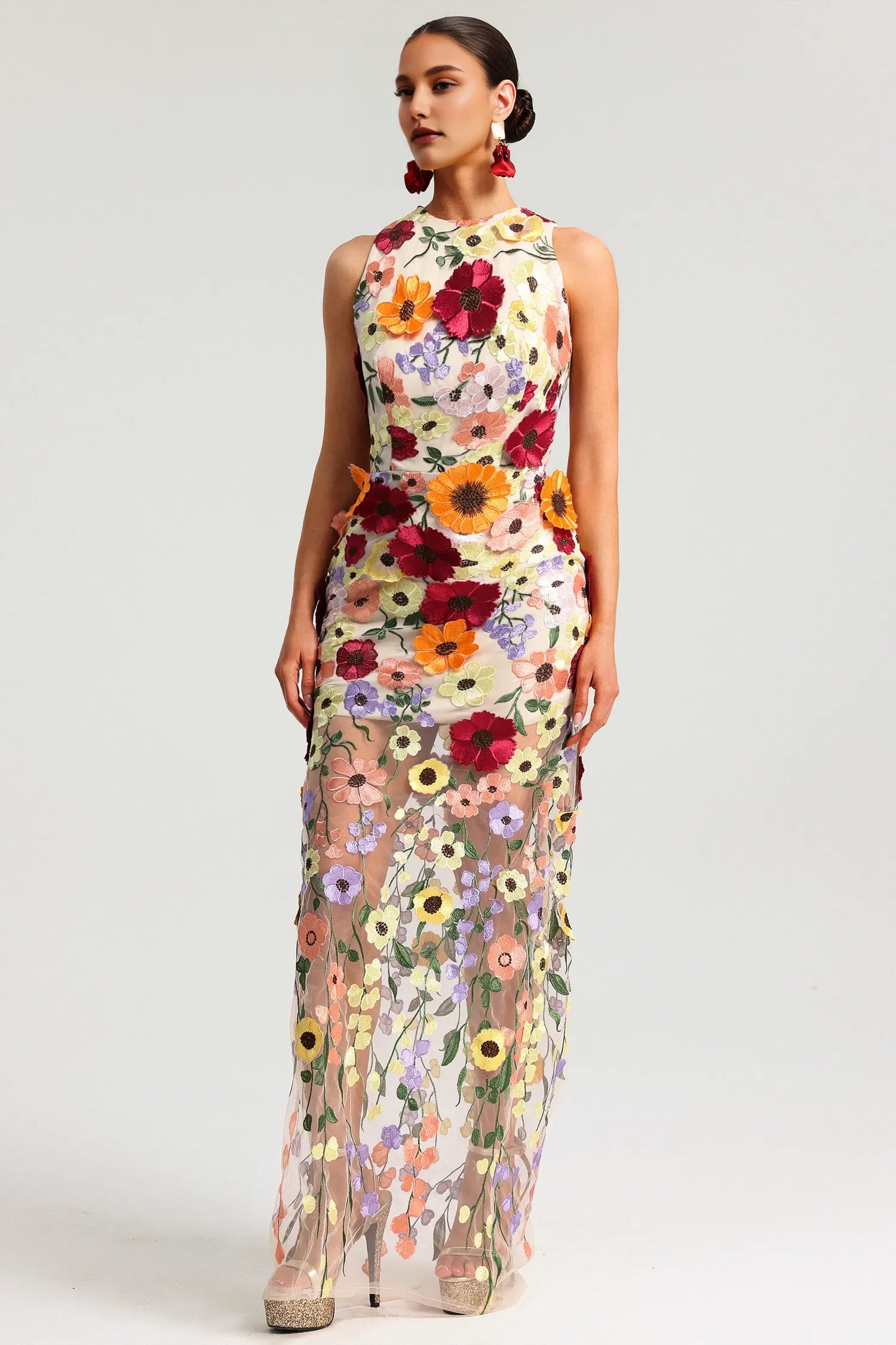 Weitese Dress Sleeveless Embroidery Flowers Maxi Dress Sheath Floor Length Prom Dress 3D Flower