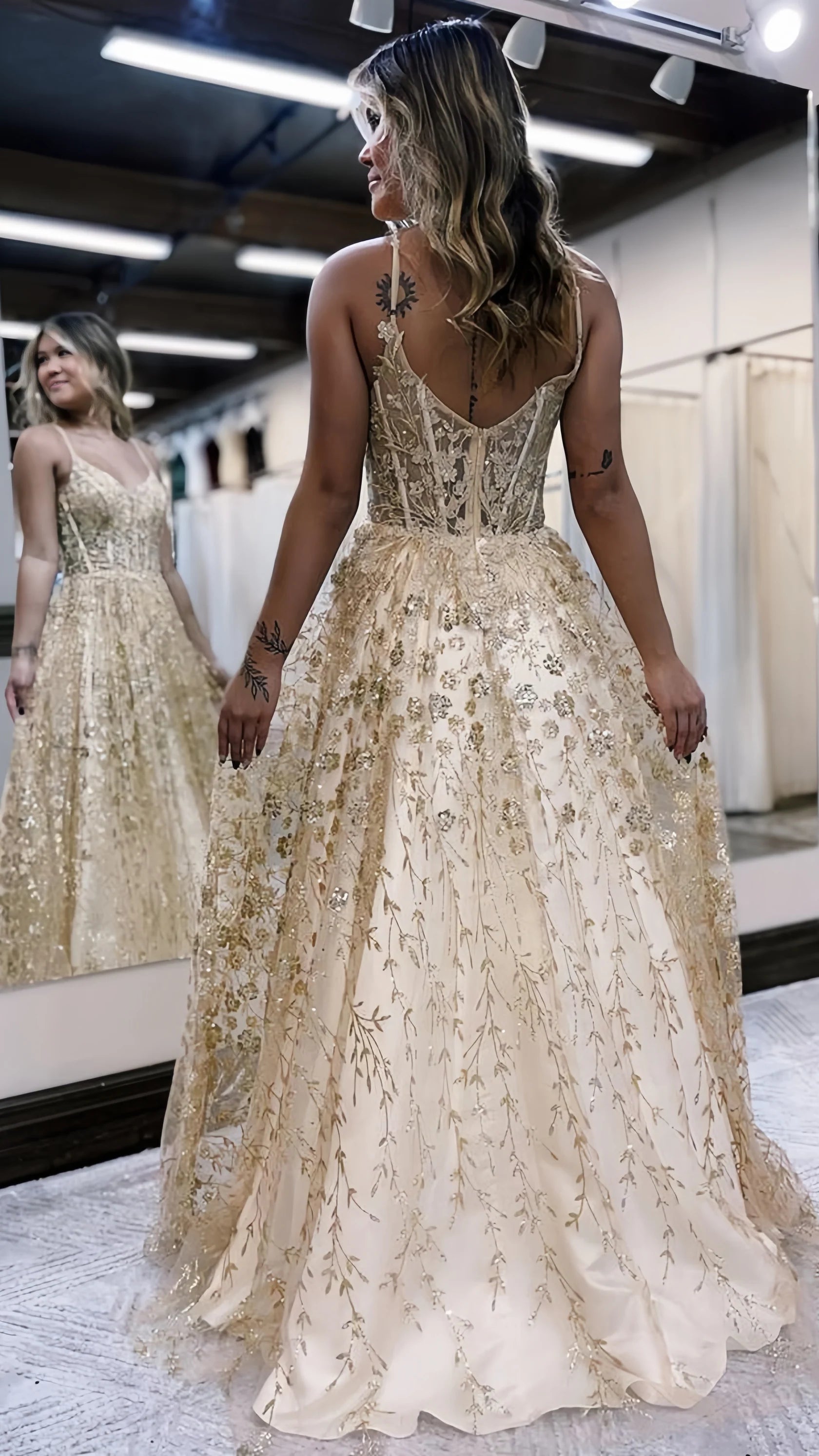 Robe de soirée Weitese sans manches en dentelle pailletée, robe de soirée trapèze à bretelles spaghetti, robe de bal 