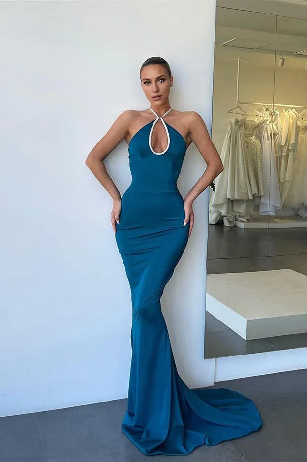 Weitese Dress Sleeveless Halter Open Back Mermaid Long Prom Dress