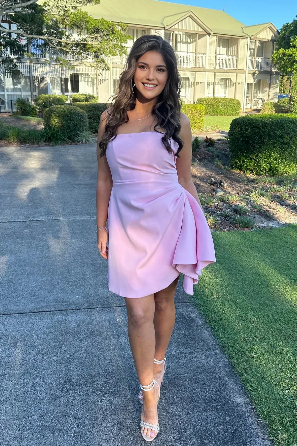 Weitese Dress Sleeveless Pink Strapless Lace Up Ruched Short Homecoming Dress