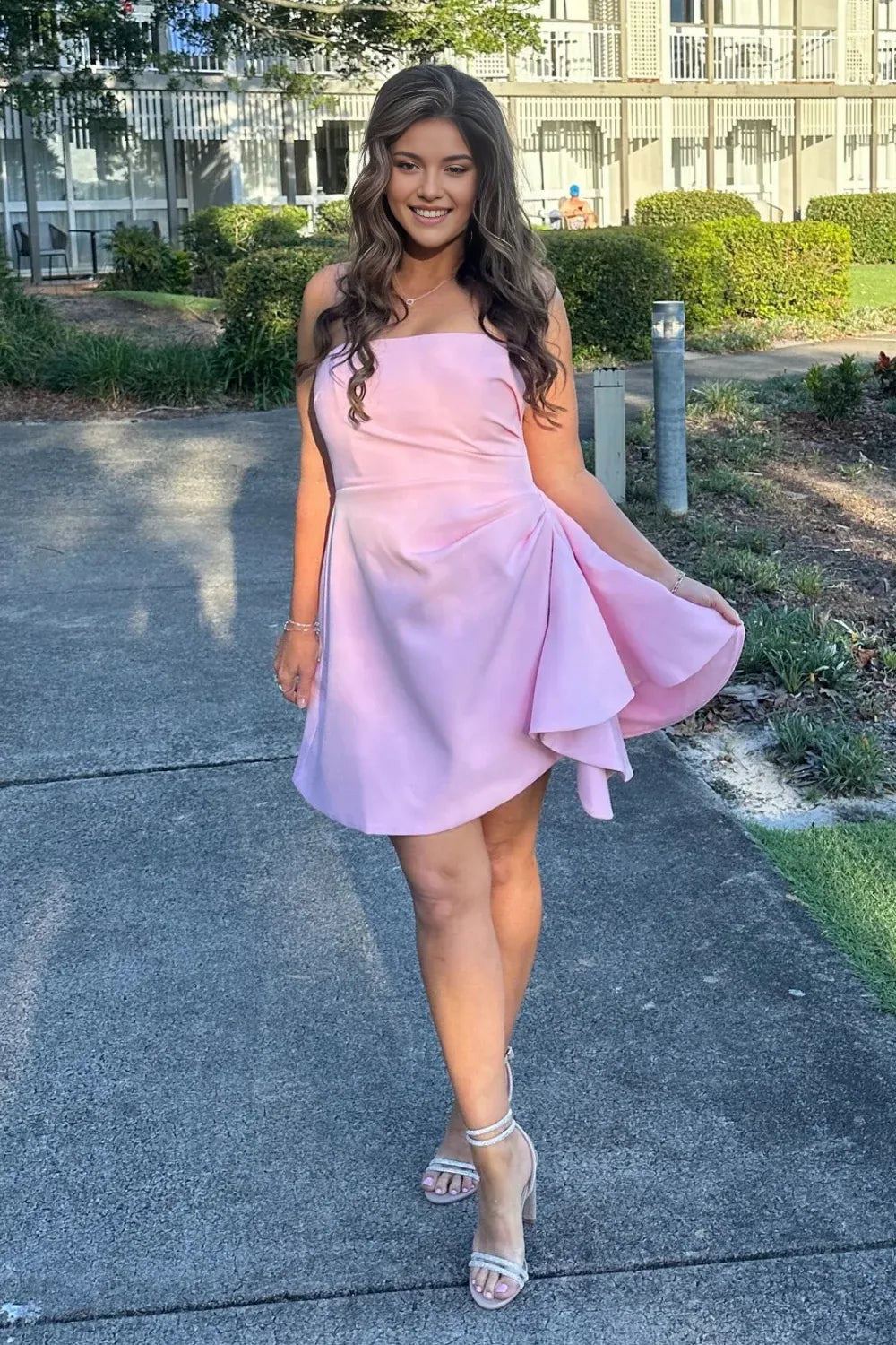 Weitese Dress Sleeveless Pink Strapless Lace Up Ruched Short Homecoming Dress