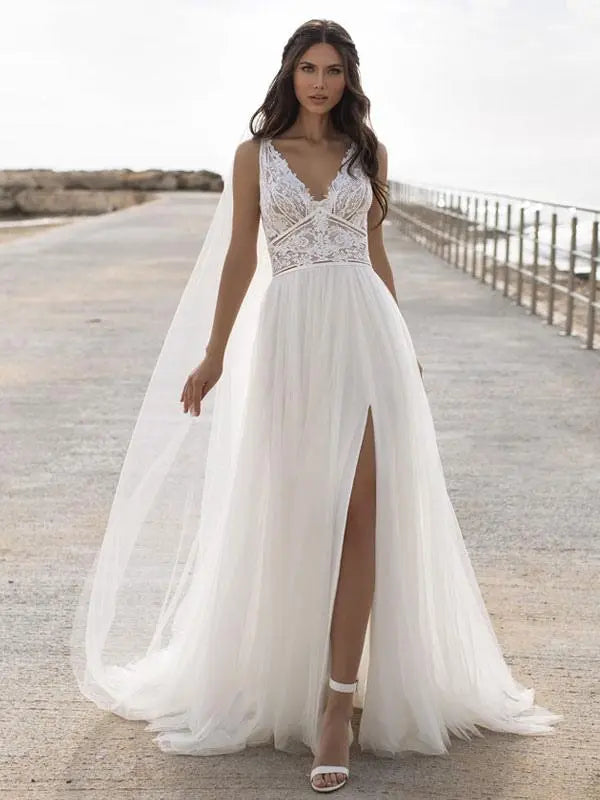 Weitese Dress Sleeveless V-Neck Lace Applique Wedding Dress A-line With Hight Slit Bride Dress