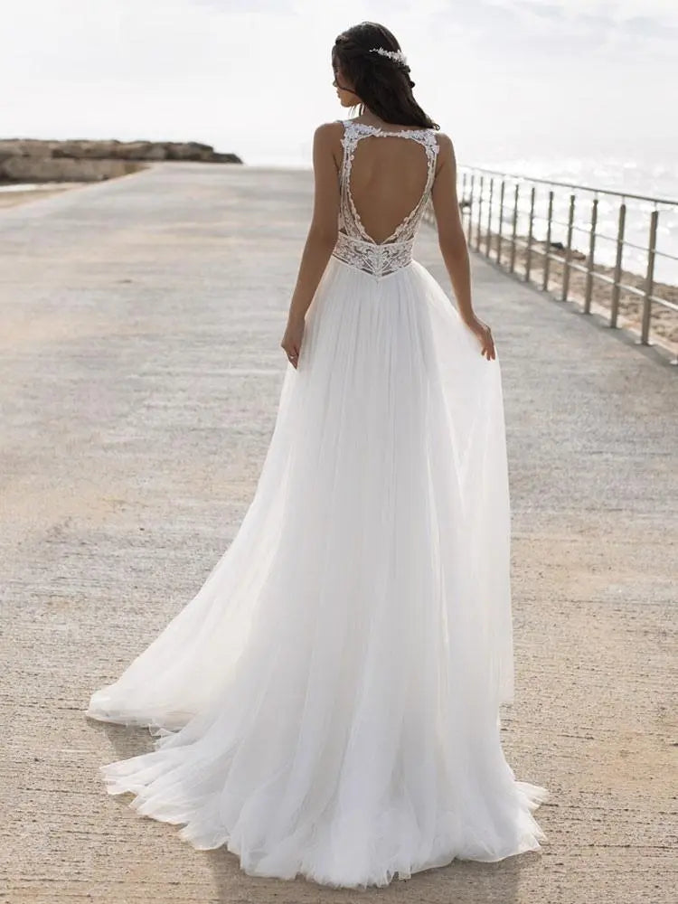 Weitese Dress Sleeveless V-Neck Lace Applique Wedding Dress A-line With Hight Slit Bride Dress