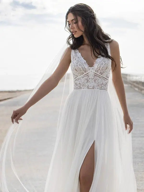 Weitese Dress Sleeveless V-Neck Lace Applique Wedding Dress A-line With Hight Slit Bride Dress