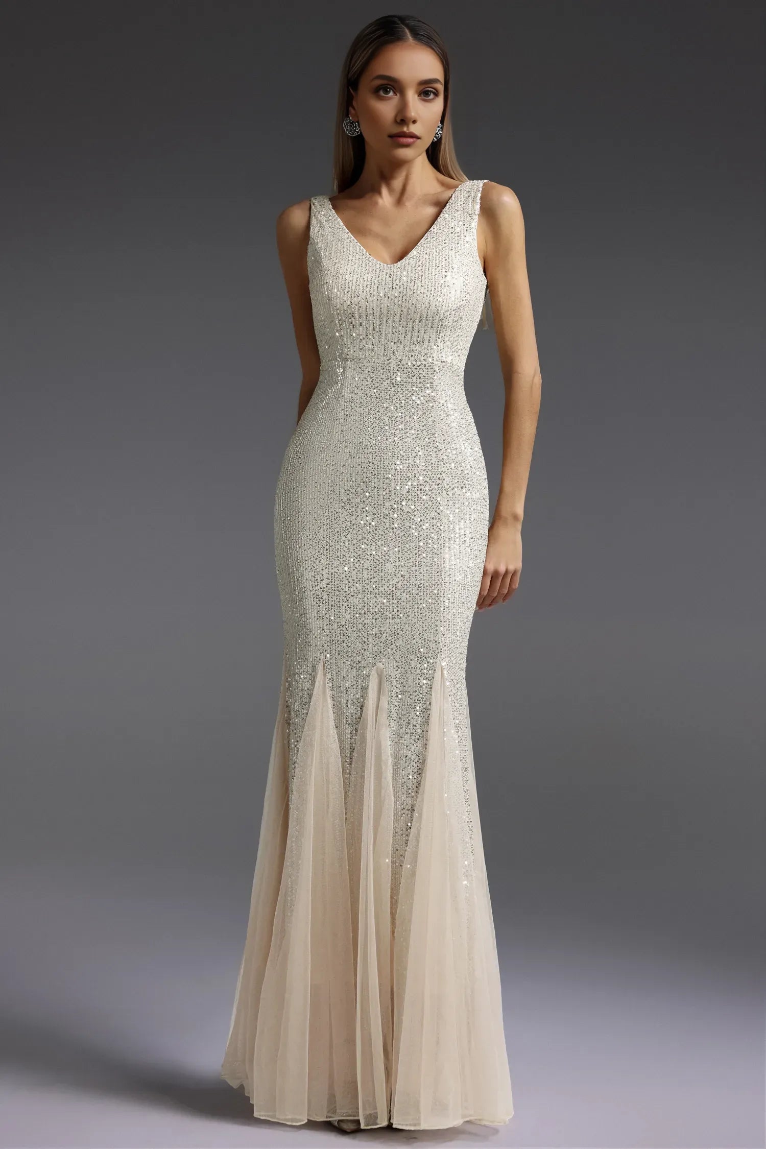 Weitese Dress Sleeveless V-Neck Sequin Maxi Dress Floor Length Mermaid Trumpet Prom Dress