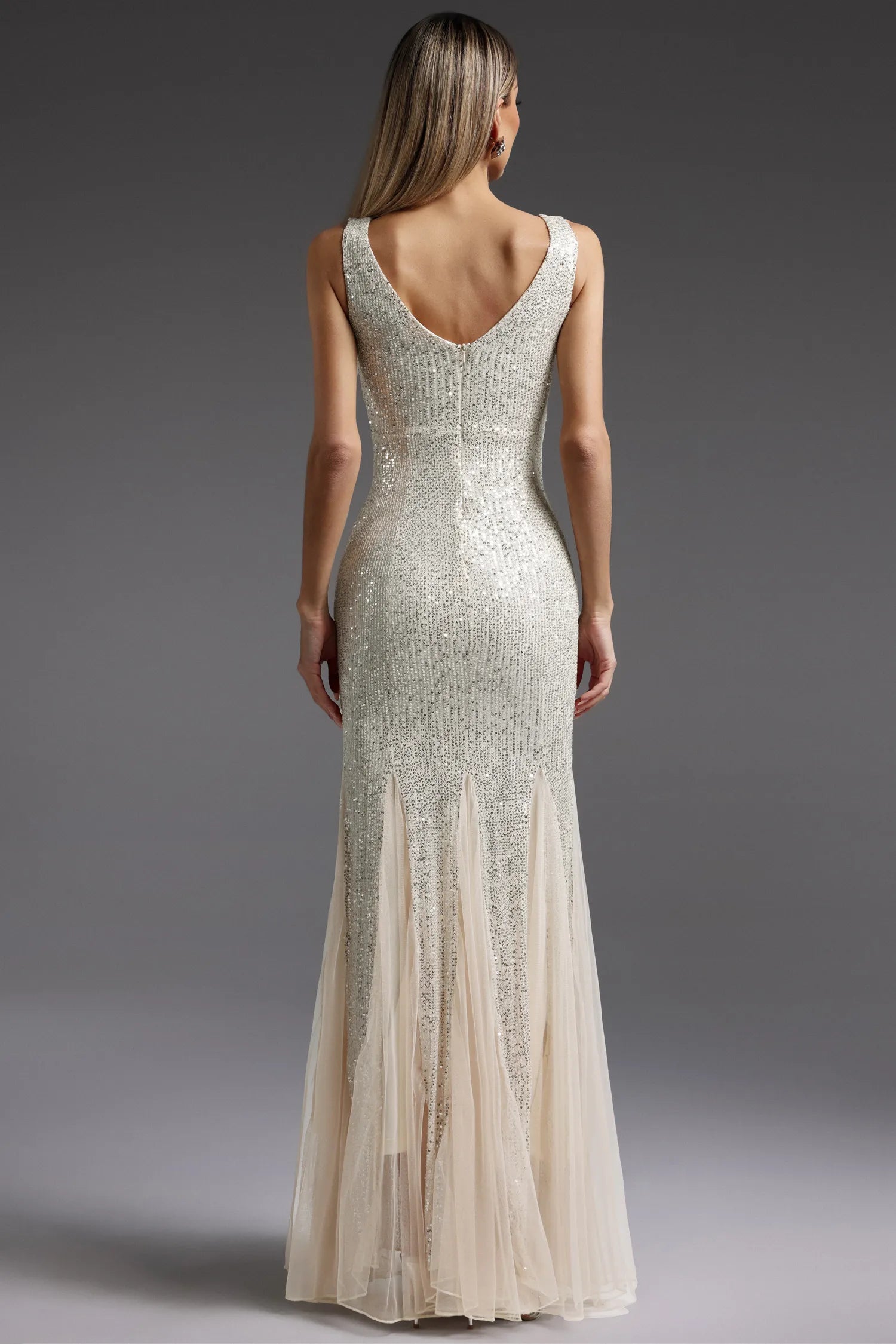 Weitese Dress Sleeveless V-Neck Sequin Maxi Dress Floor Length Mermaid Trumpet Prom Dress