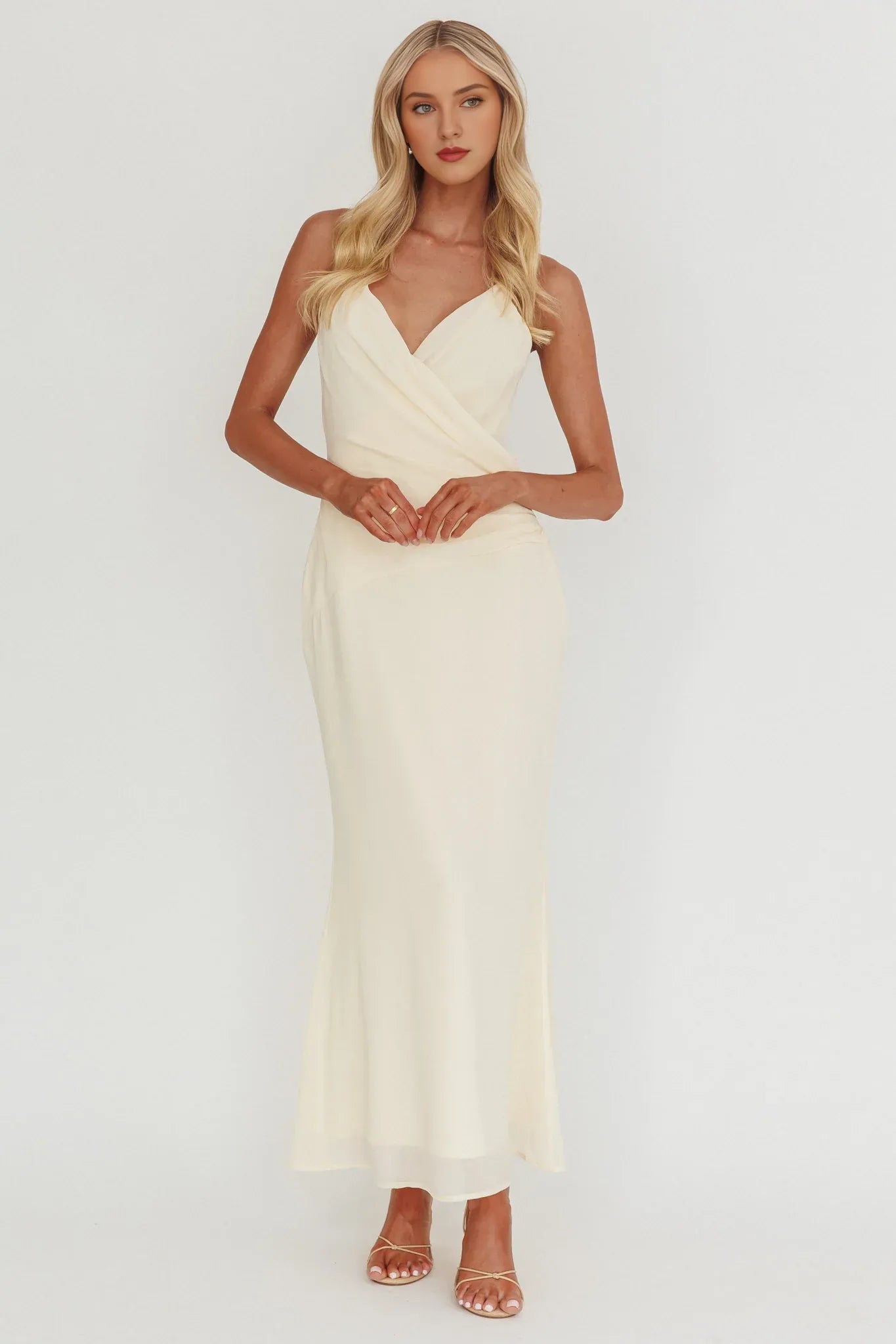 Weitese Dress Sophisticated Ivory Satin Maxi Dress Featuring Plunging V Neck Wrap Front Style and Satin Finish Prom Dress