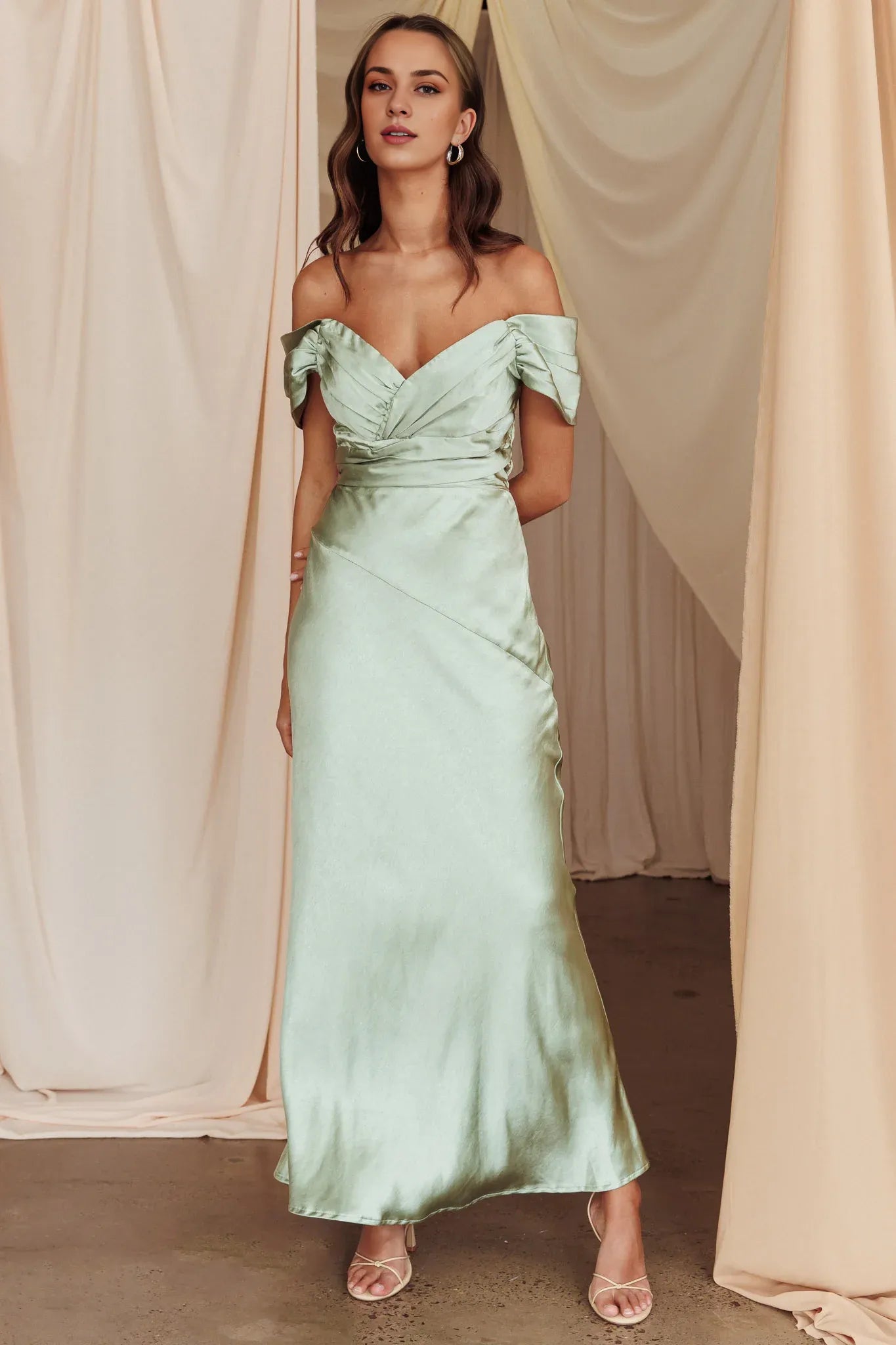 Weitese Dress Sophisticated Light Green Satin Maxi Dress Featuring Off Shoulder Wrap Front Asymmetric Hem and Satin Finish Prom Dress
