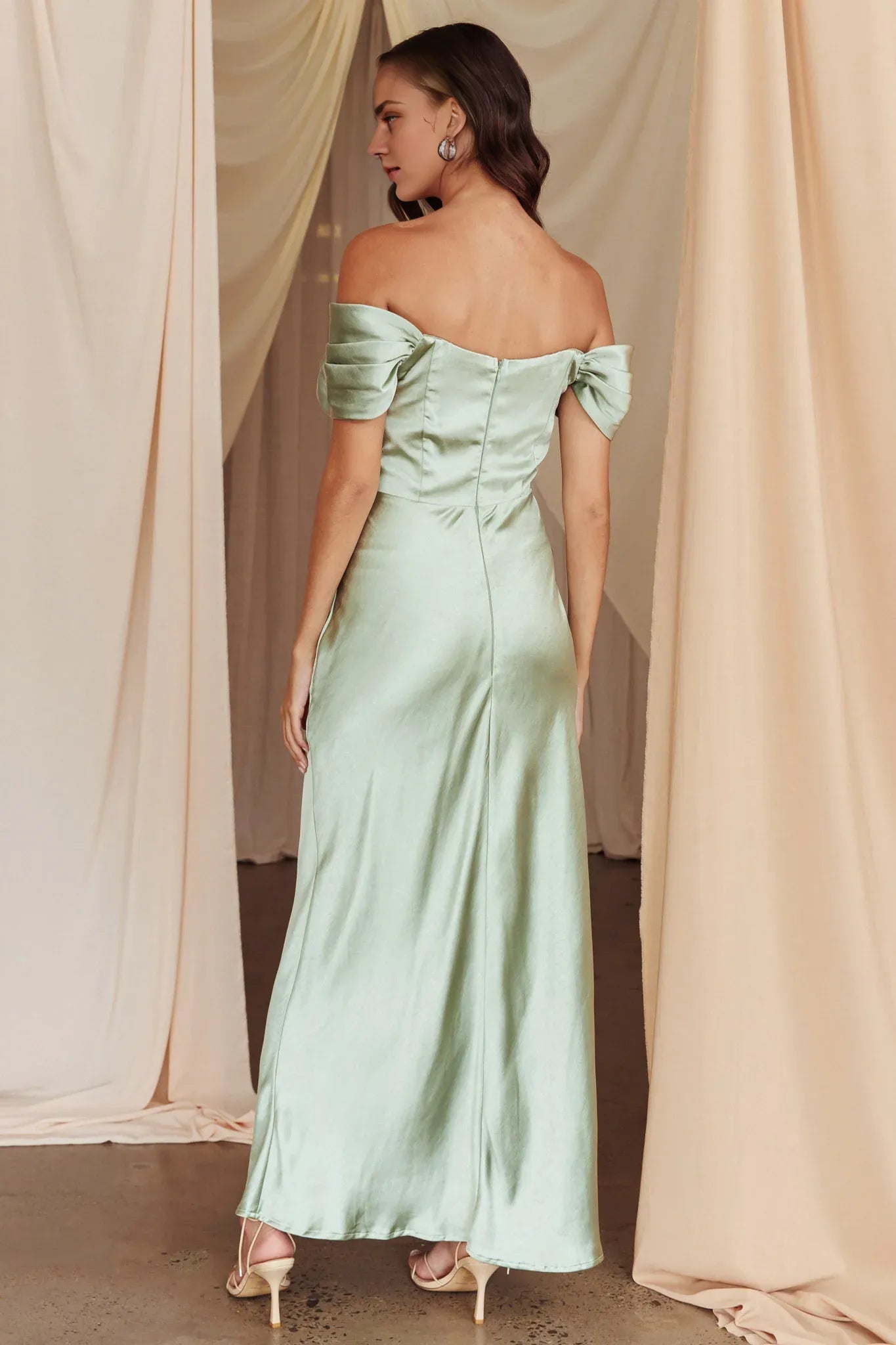 Weitese Dress Sophisticated Light Green Satin Maxi Dress Featuring Off Shoulder Wrap Front Asymmetric Hem and Satin Finish Prom Dress