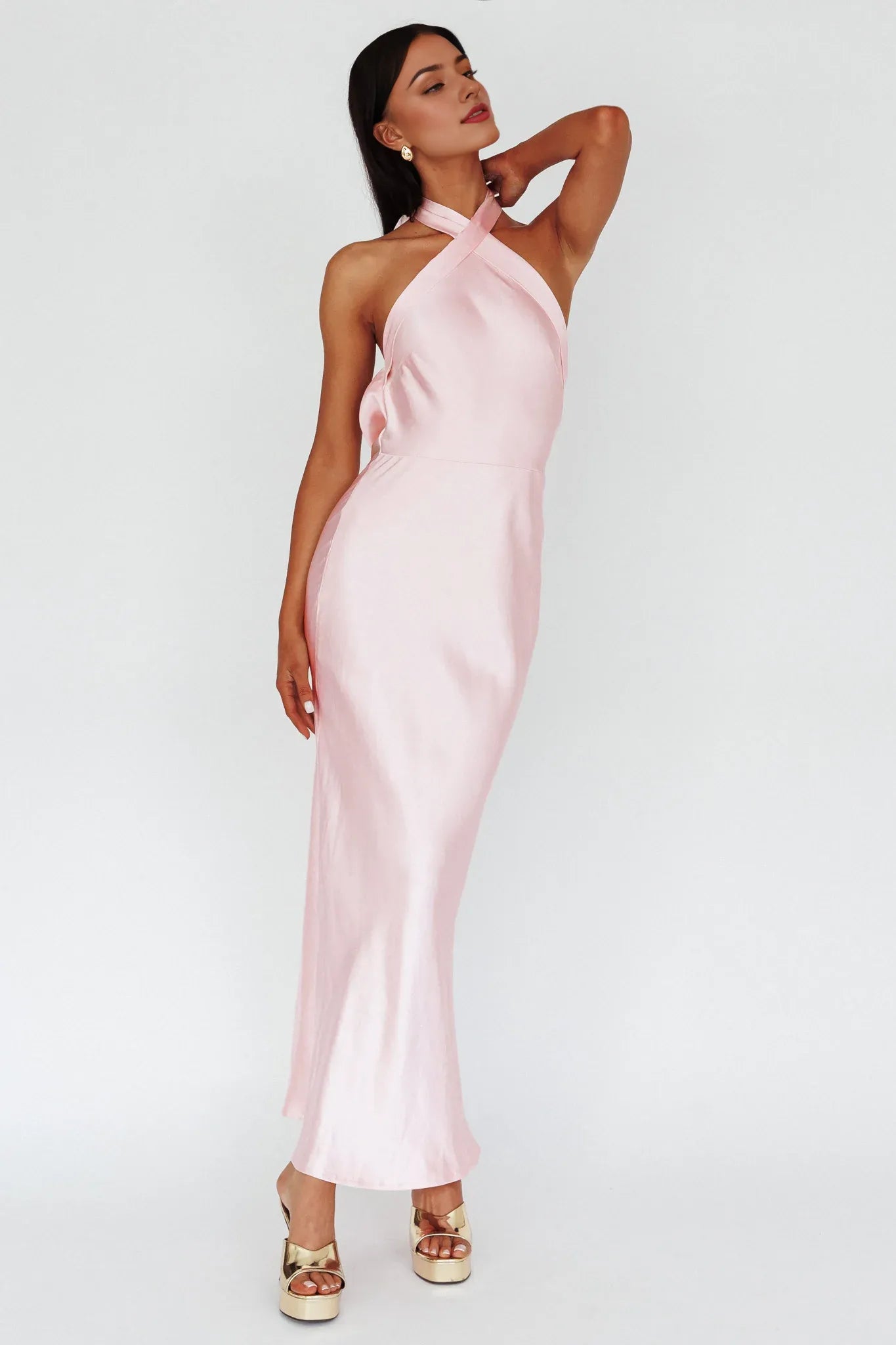 Weitese Dress Sophisticated Pale Pink Satin Maxi Dress Featuring Halter Neck Open Back Design And Bow Accent Prom Dress