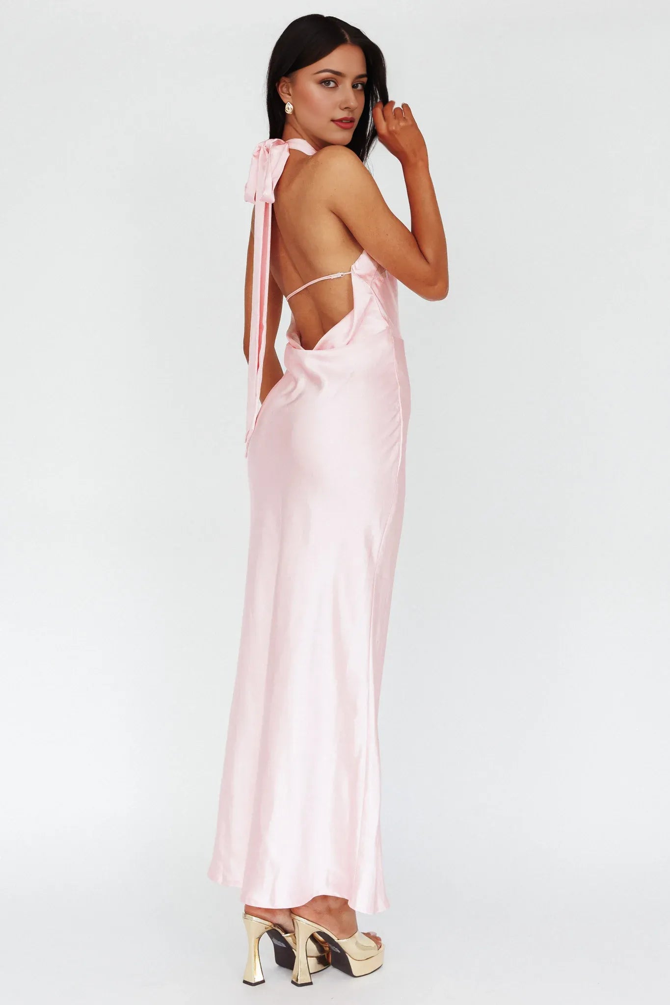 Weitese Dress Sophisticated Pale Pink Satin Maxi Dress Featuring Halter Neck Open Back Design And Bow Accent Prom Dress