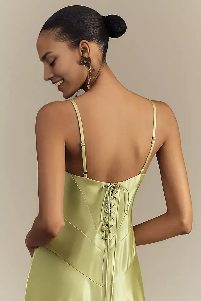 Weitese Dress Spaghetti Straps A-line Maxi Dress Sleeveless Prom Dress Lace Up Satin Bridesmaid Dress