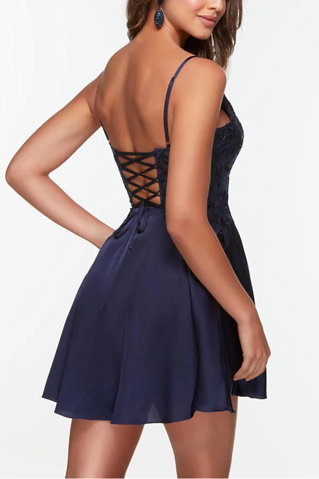 Weitese Dress Spaghetti Straps A-line Sleeveless Backless Lace Up Applique Homecoming Dress