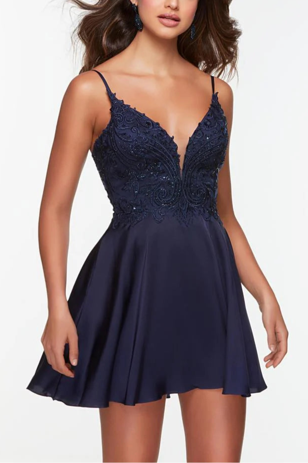 Weitese Dress Spaghetti Straps A-line Sleeveless Backless Lace Up Applique Homecoming Dress