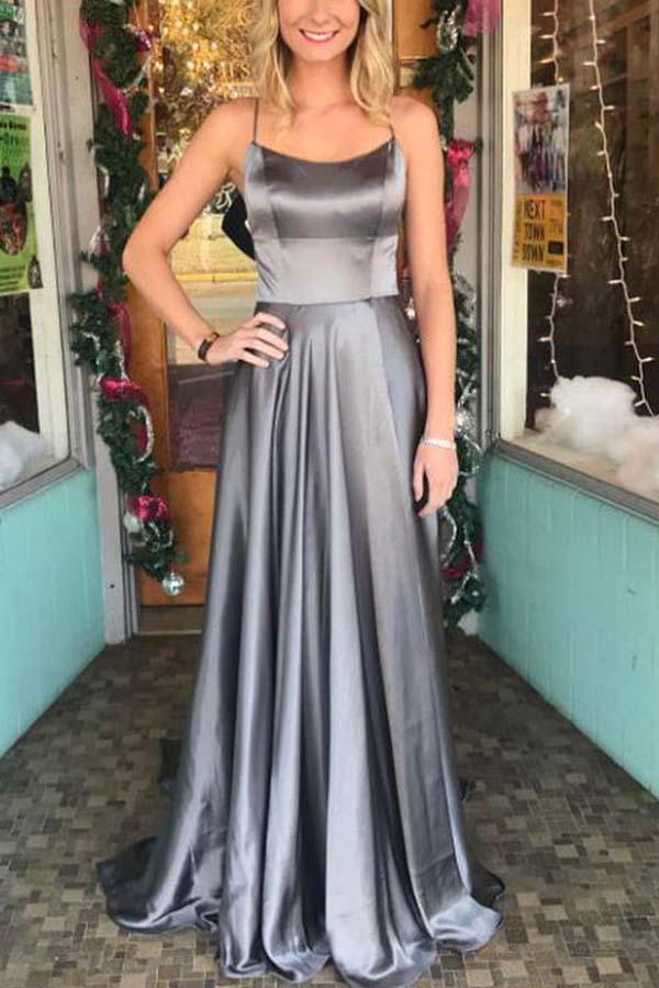 Weitese Dress Spaghetti Straps Backless Grey Custom Long Evening Prom Dresses