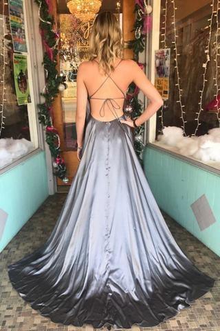 Weitese Dress Spaghetti Straps Backless Grey Custom Long Evening Prom Dresses