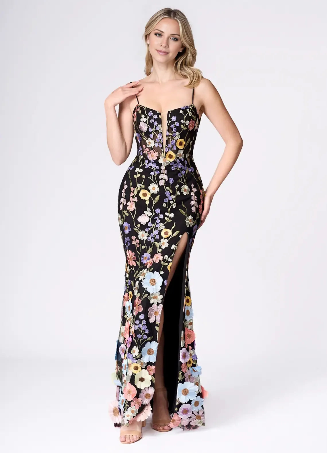 Weitese Dress Spaghetti Straps Black Romantic 3D Flower Maxi Dress Sleeveless Mermaid Side Slit Prom Dress