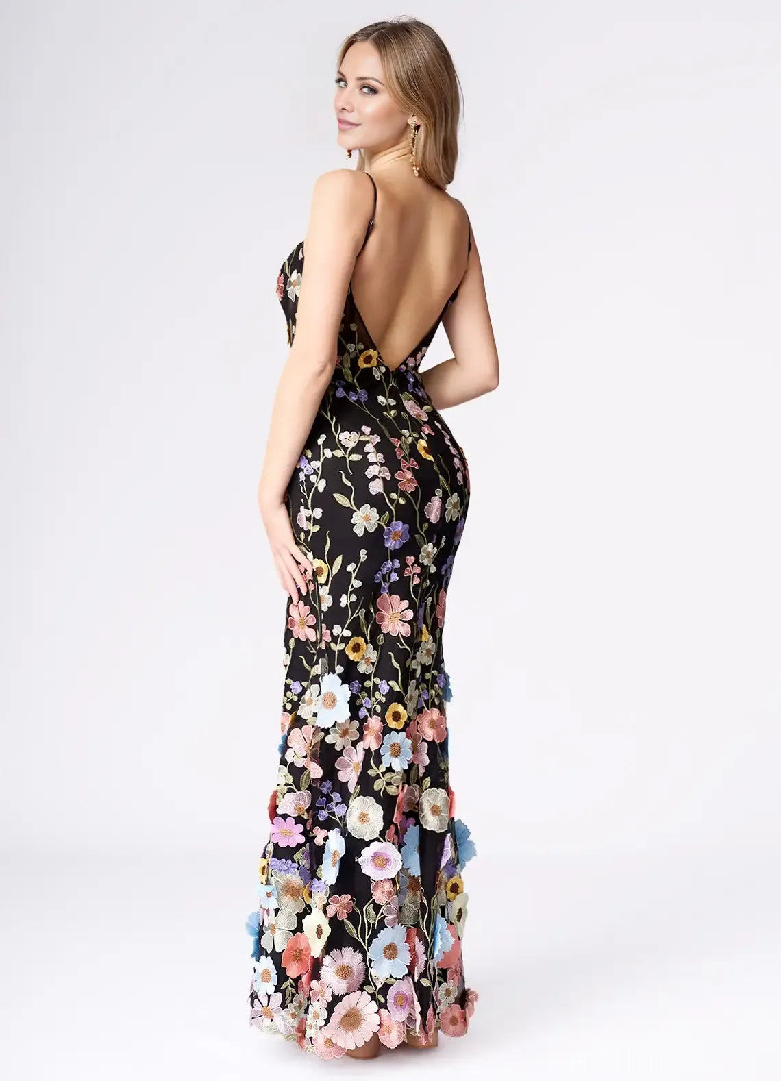 Weitese Dress Spaghetti Straps Black Romantic 3D Flower Maxi Dress Sleeveless Mermaid Side Slit Prom Dress