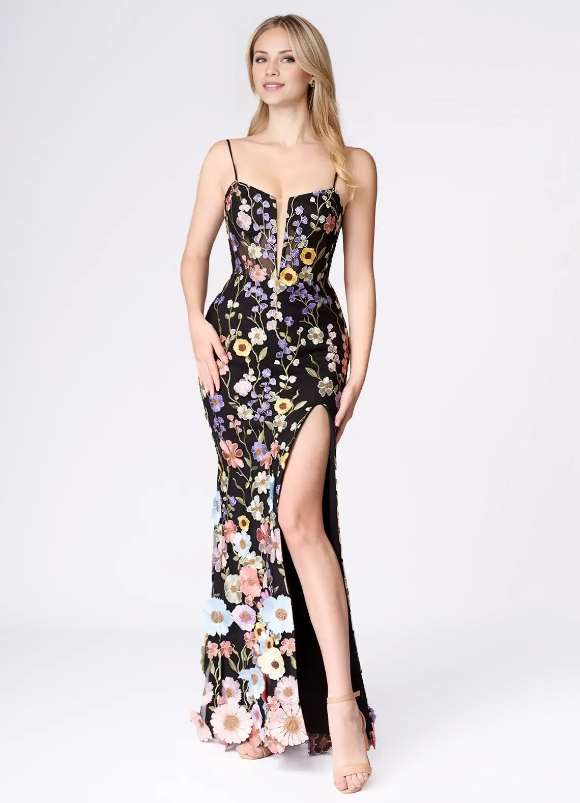 Weitese Dress Spaghetti Straps Black Romantic 3D Flower Maxi Dress Sleeveless Mermaid Side Slit Prom Dress