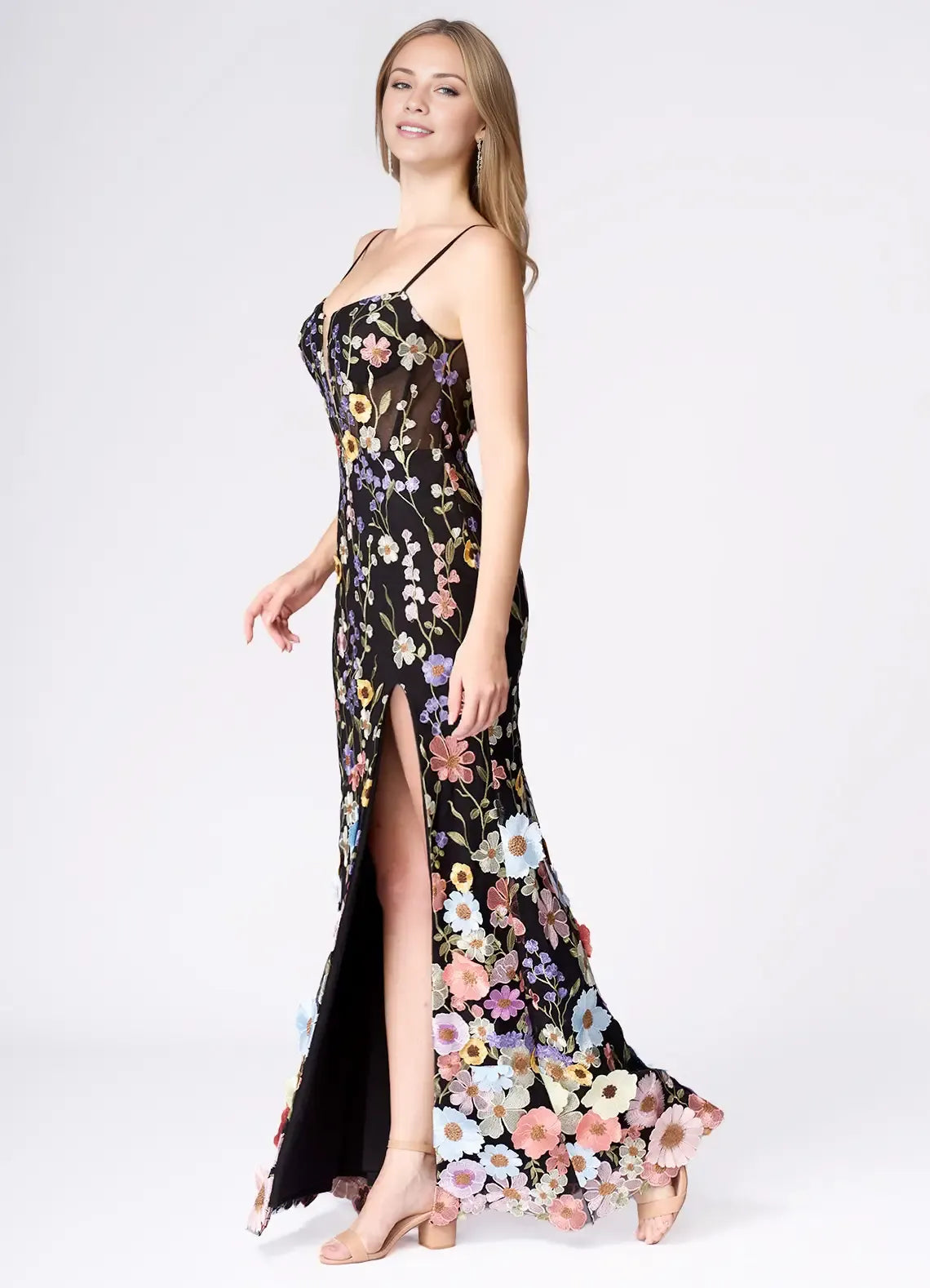 Weitese Dress Spaghetti Straps Black Romantic 3D Flower Maxi Dress Sleeveless Mermaid Side Slit Prom Dress