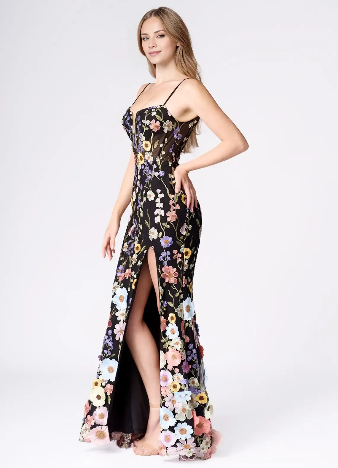 Weitese Dress Spaghetti Straps Black Romantic 3D Flower Maxi Dress Sleeveless Mermaid Side Slit Prom Dress
