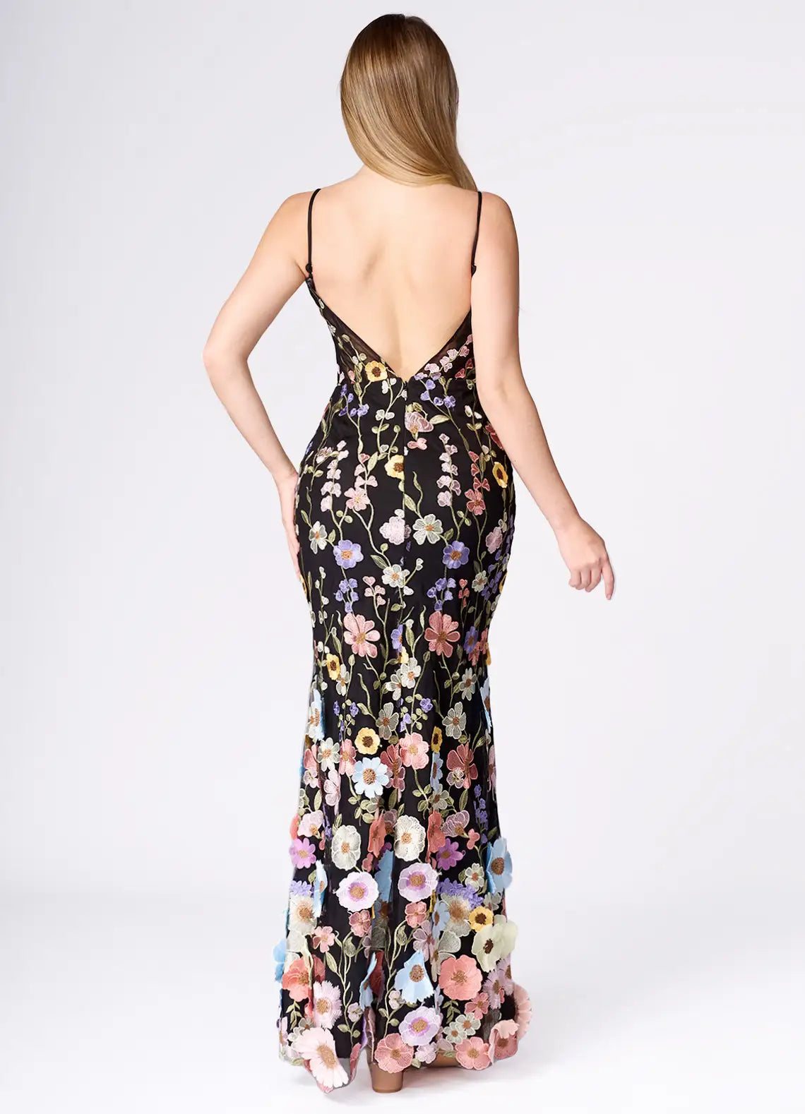 Weitese Dress Spaghetti Straps Black Romantic 3D Flower Maxi Dress Sleeveless Mermaid Side Slit Prom Dress