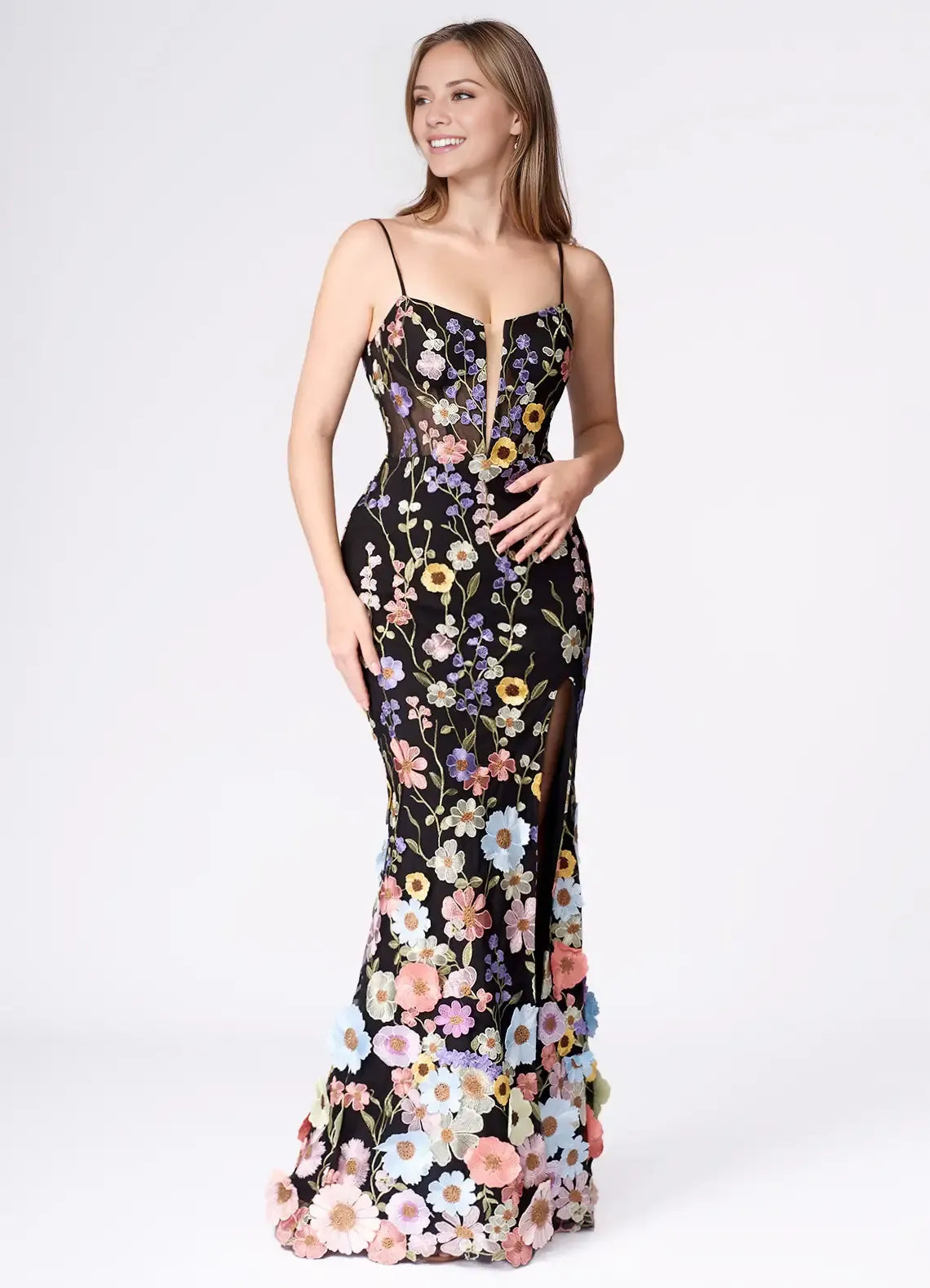 Weitese Dress Spaghetti Straps Black Romantic 3D Flower Maxi Dress Sleeveless Mermaid Side Slit Prom Dress