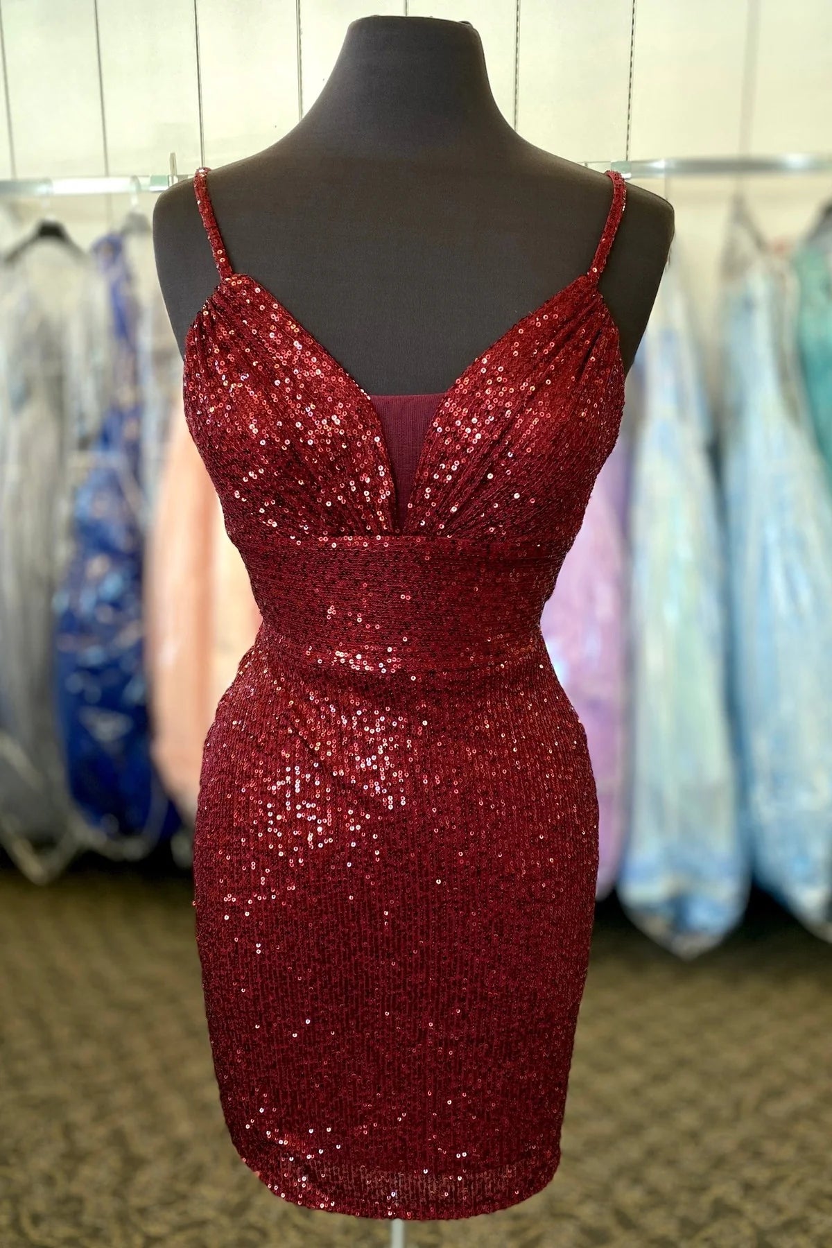 Weitese Dress Spaghetti Straps Black Sequin Bodycon Short Party Dress Lace-Up Back Homecoming Dress