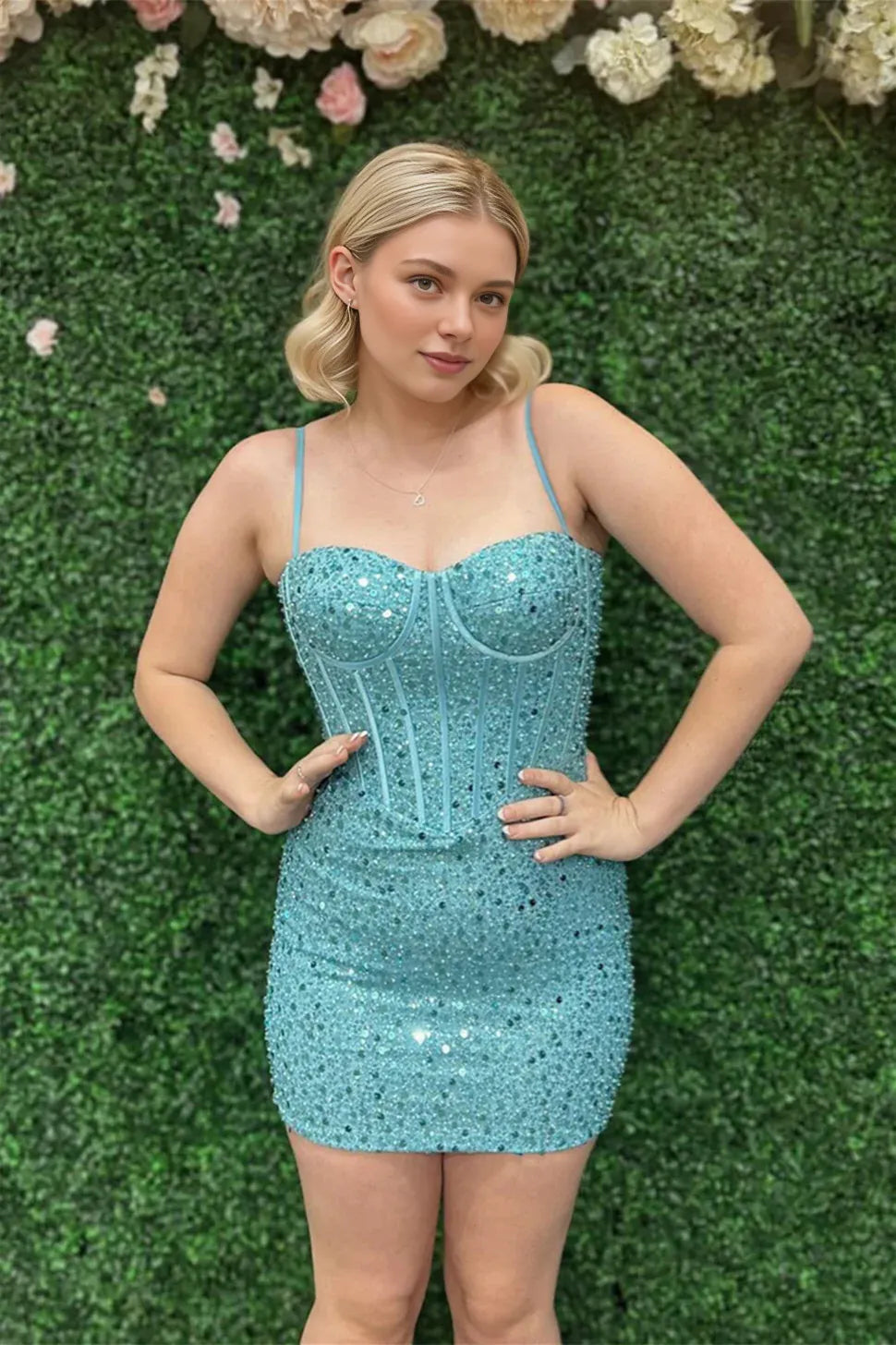 Weitese Dress Spaghetti Straps Blue Sequin Bodycon Short Dress Homecoming Dress