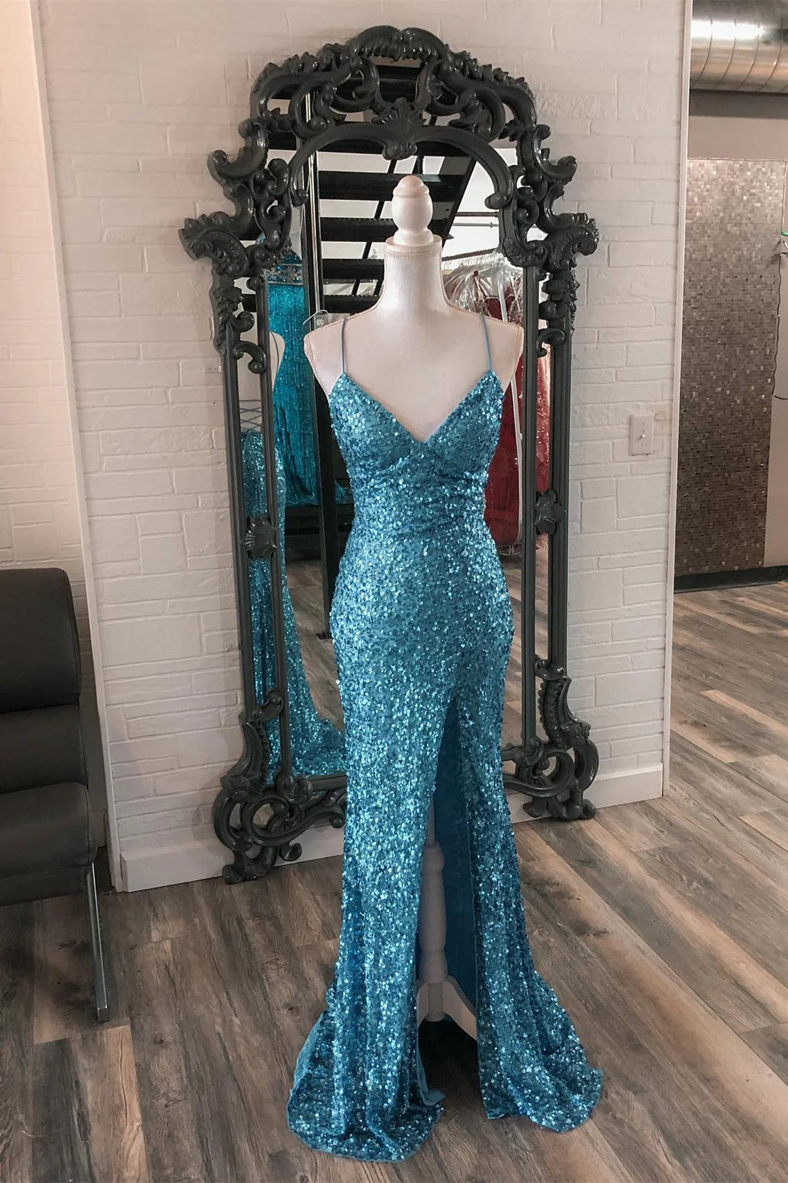 Weitese Dress Spaghetti Straps Blue Sequin Mermaid Formal Dress Maxi Dress Prom Dress