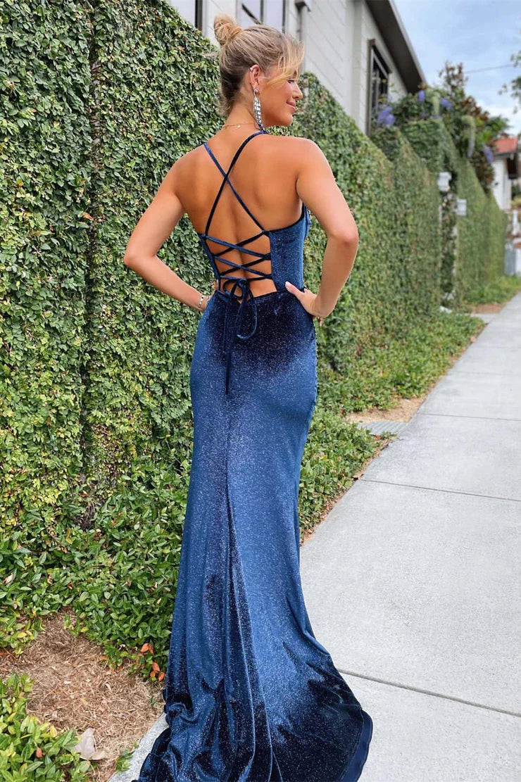 Weitese Dress Spaghetti Straps Charming Mermaid Navy Blue Corset Long Formal Prom Dress with Slit