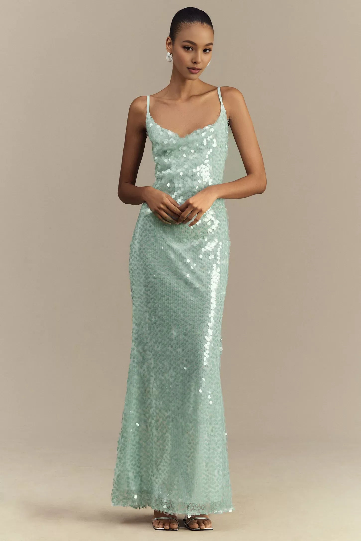 Weitese Dress Spaghetti Straps Cowl-Neck Sequin Maxi Dress Mint Open Back Sleeveless Column Prom Dress