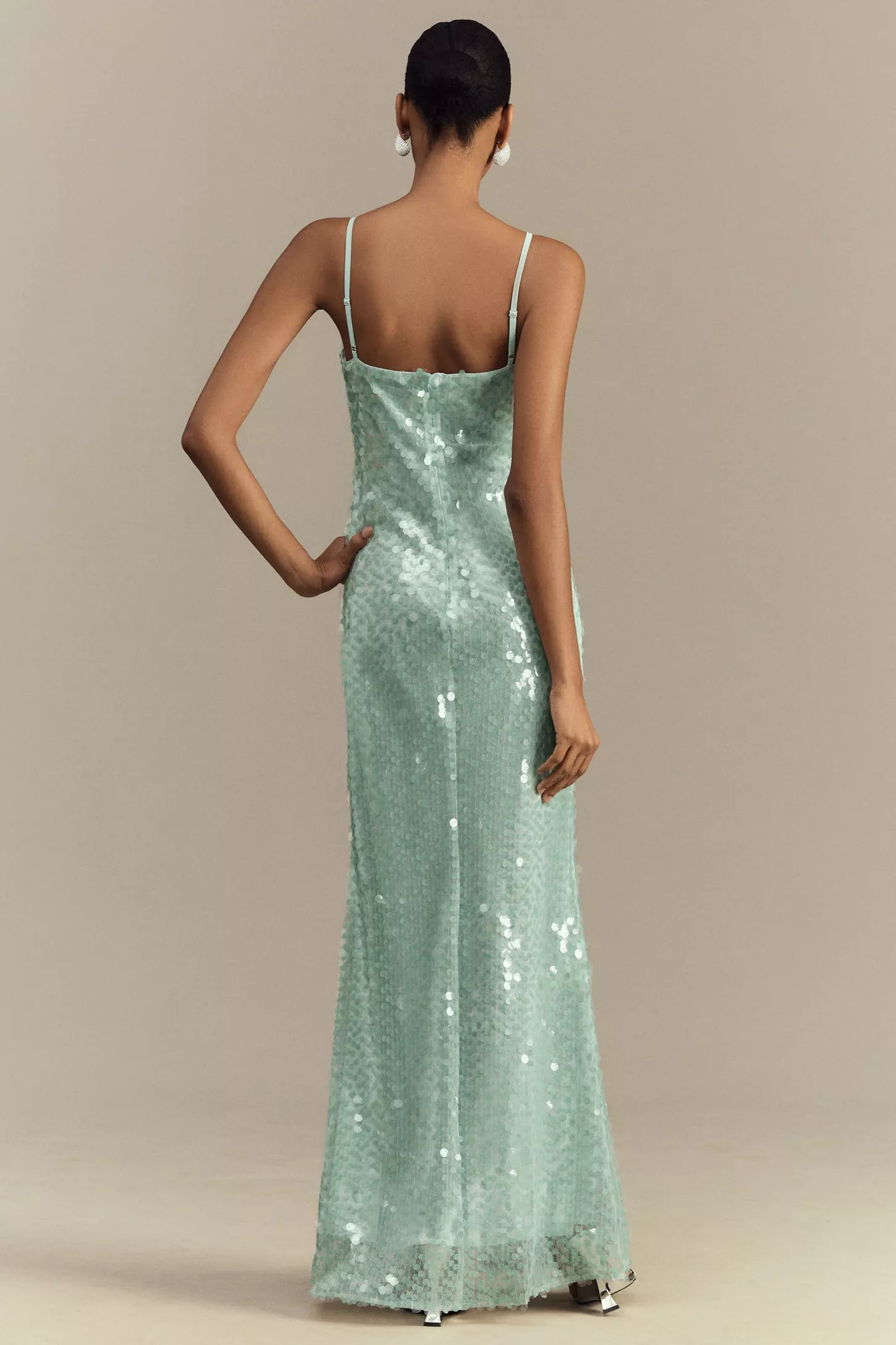 Weitese Dress Spaghetti Straps Cowl-Neck Sequin Maxi Dress Mint Open Back Sleeveless Column Prom Dress