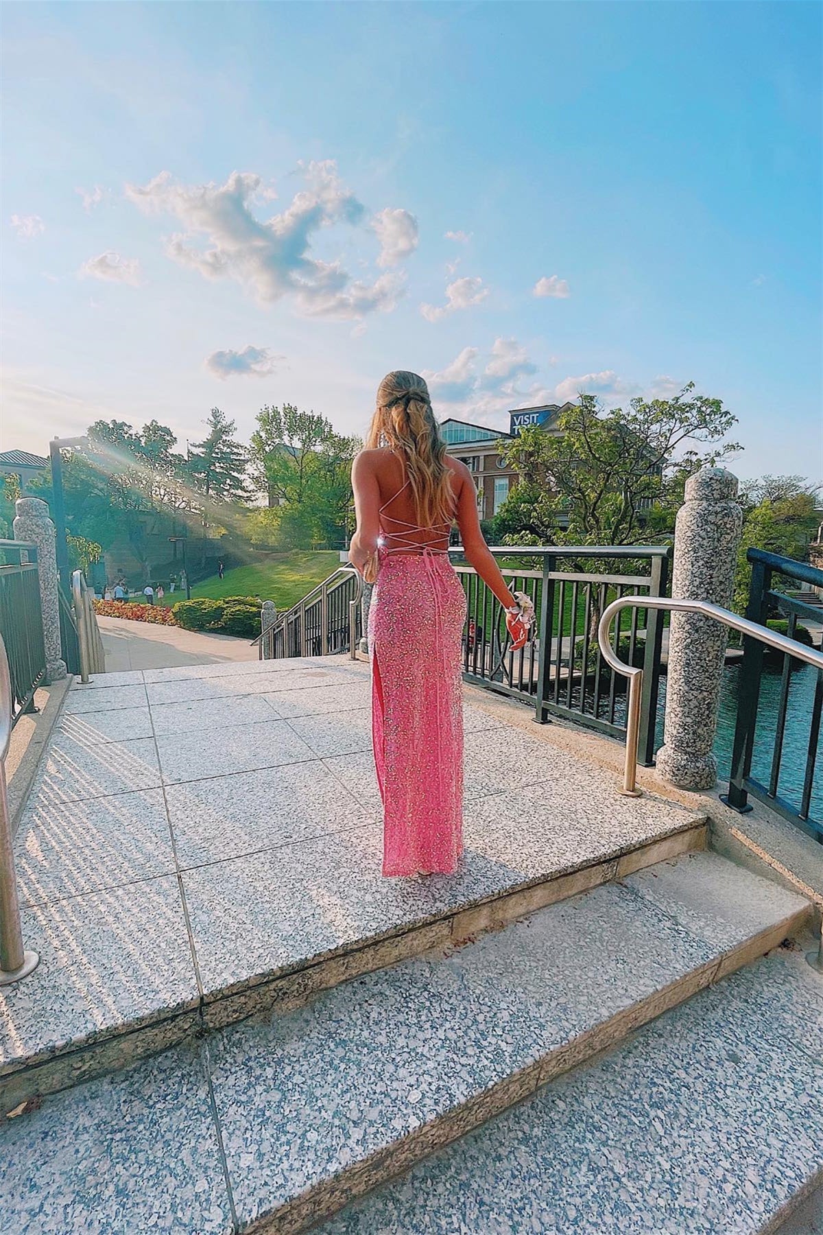 Weitese Dress Spaghetti Straps Cowl Neck Pink Sequin Mermaid Formal Dress With Slit Maxi Dress Prom Dress