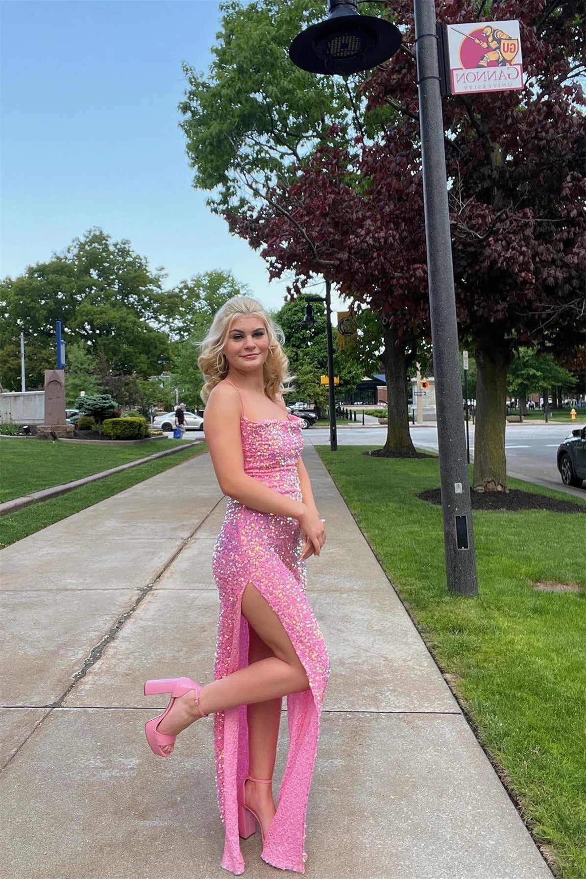 Weitese Dress Spaghetti Straps Cowl Neck Pink Sequin Mermaid Formal Dress With Slit Maxi Dress Prom Dress