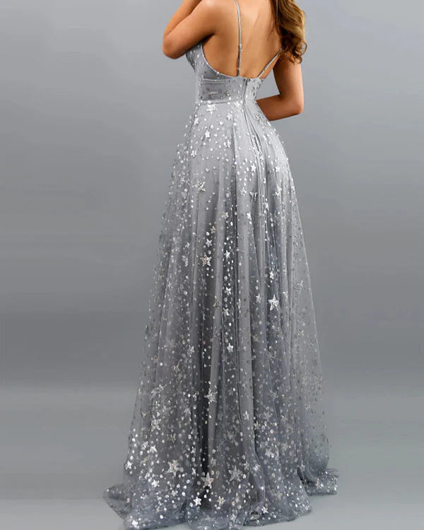 Weitese Dress Spaghetti Straps Dusty Blue V-Neck Long Party Dress Sleeveless With Sequins Prom Dress