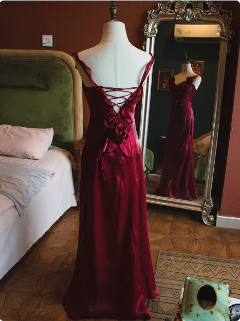 Weitese Dress Spaghetti Straps Elegant Sleeveless Burgundy 3D Flower Back Tie Mermaid Prom Dress