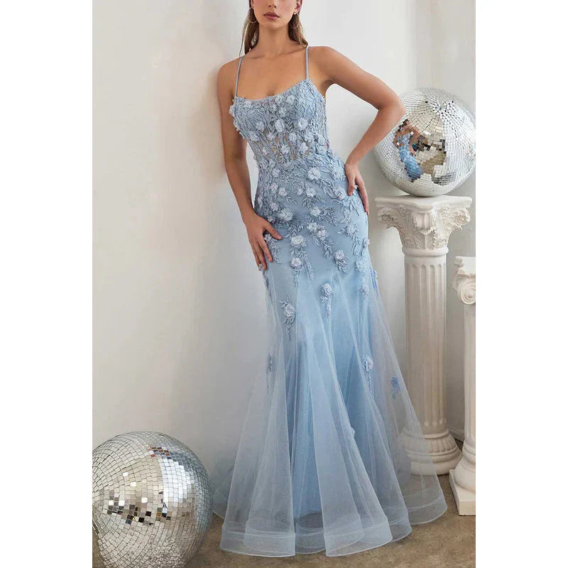Weitese Dress Spaghetti Straps Floral Appliqued Sheer Tulle Mermaid Long Prom Evening Dress Party Dress