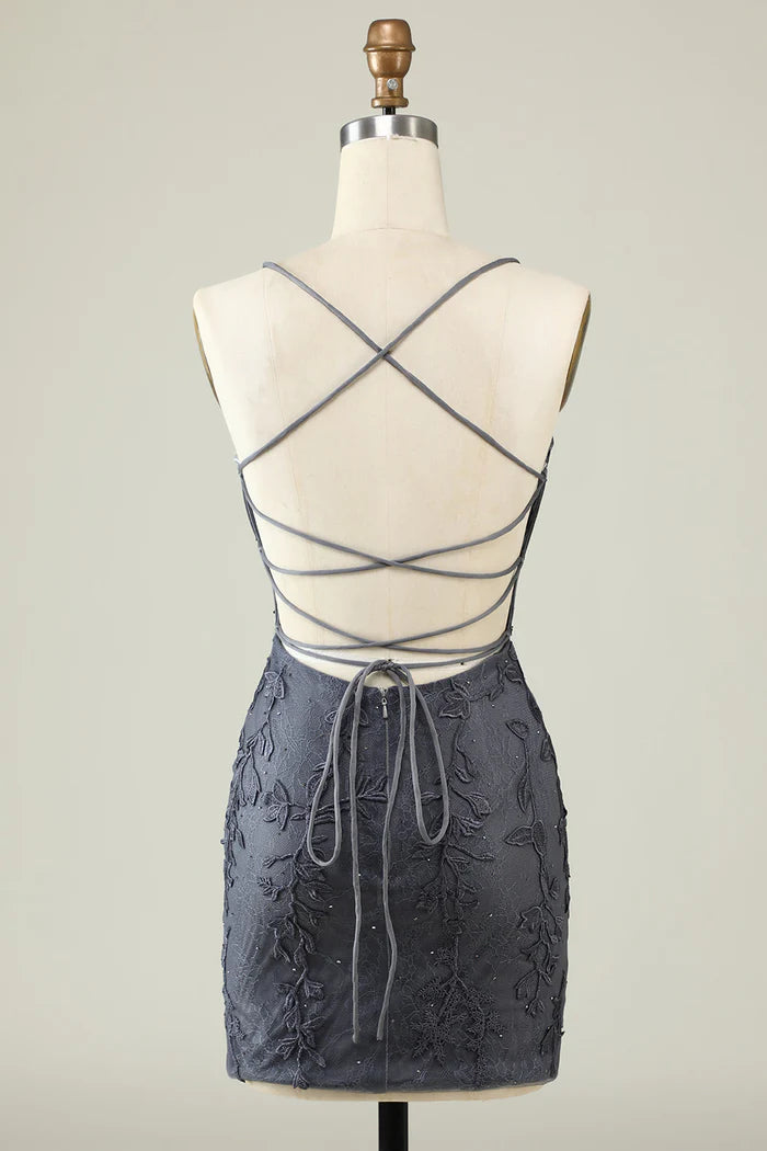 Weitese Dress Spaghetti Straps Grey Bodycon Short Homecoming Dress Sleeveless Open Back Appliques Party Dress