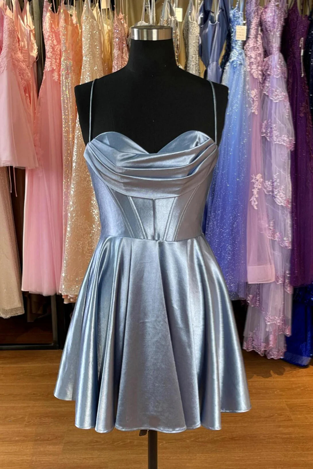 Weitese Dress Spaghetti Straps Grey Cowl Neck Short A-line Princess Dress Sleeveless Crisscross Back Homecoming Dress