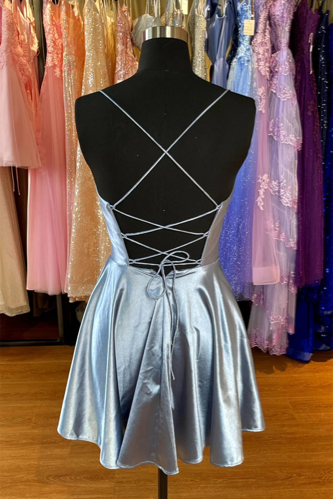 Weitese Dress Spaghetti Straps Grey Cowl Neck Short A-line Princess Dress Sleeveless Crisscross Back Homecoming Dress