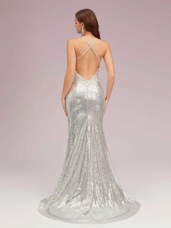Weitese Dress Spaghetti Straps Halter V-neck Sexy Backless Silver Sleeveless Sequin Long Mermaid Prom Dresses