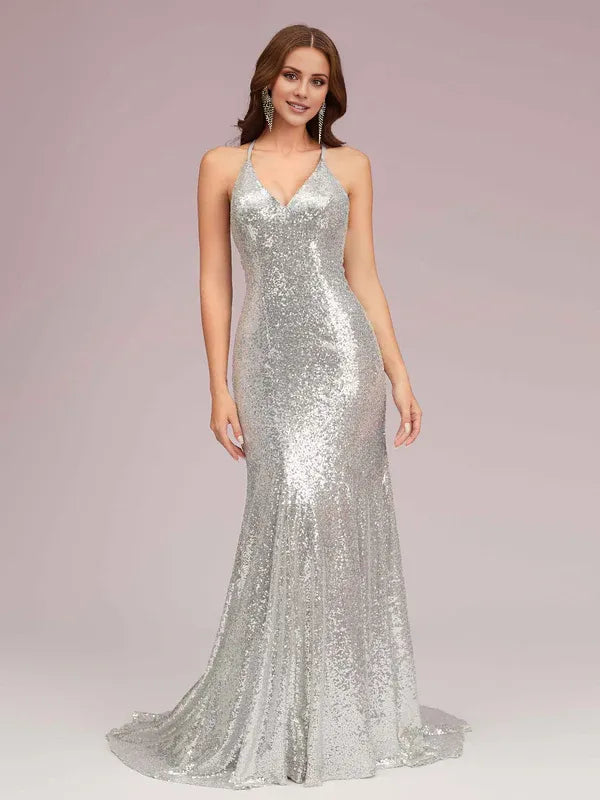 Weitese Dress Spaghetti Straps Halter V-neck Sexy Backless Silver Sleeveless Sequin Long Mermaid Prom Dresses