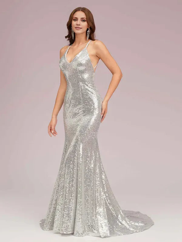 Weitese Dress Spaghetti Straps Halter V-neck Sexy Backless Silver Sleeveless Sequin Long Mermaid Prom Dresses