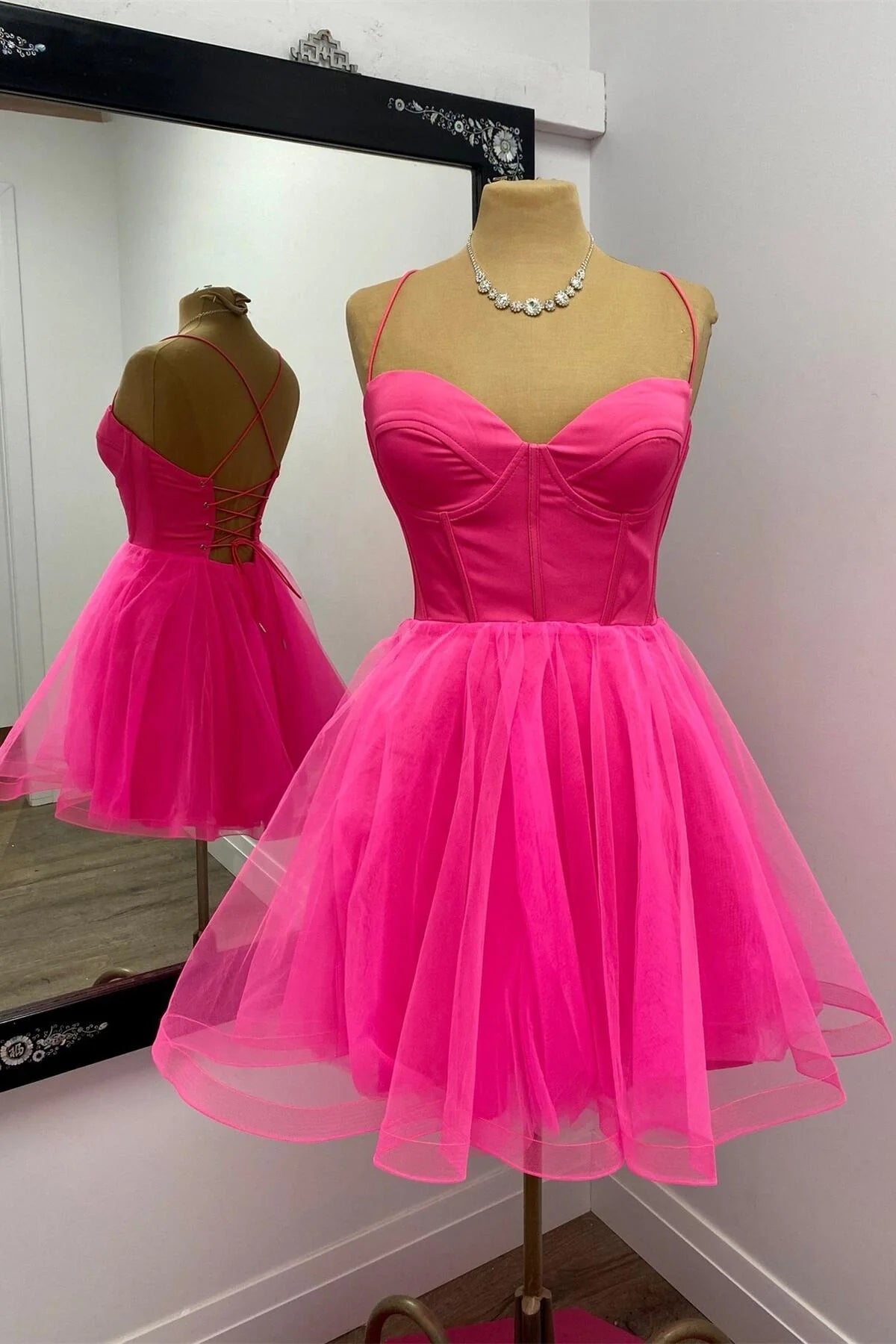 Weitese Dress Spaghetti Straps Hot Pink Corset A-line Short Princess Dress Sleeveless Homecoming Dress